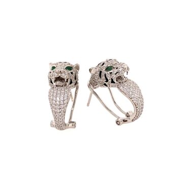 Silver Collection Green-Eye Tiger Bangle W/ White Cz & Black Enamel