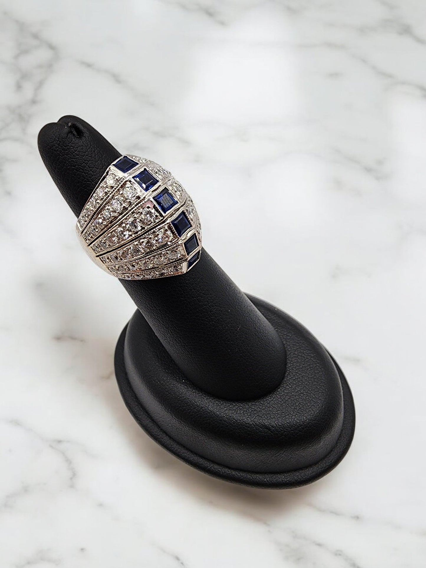 14KT White Gold 6Row 2.25ct Diamond Ring W/.75 Sapphire