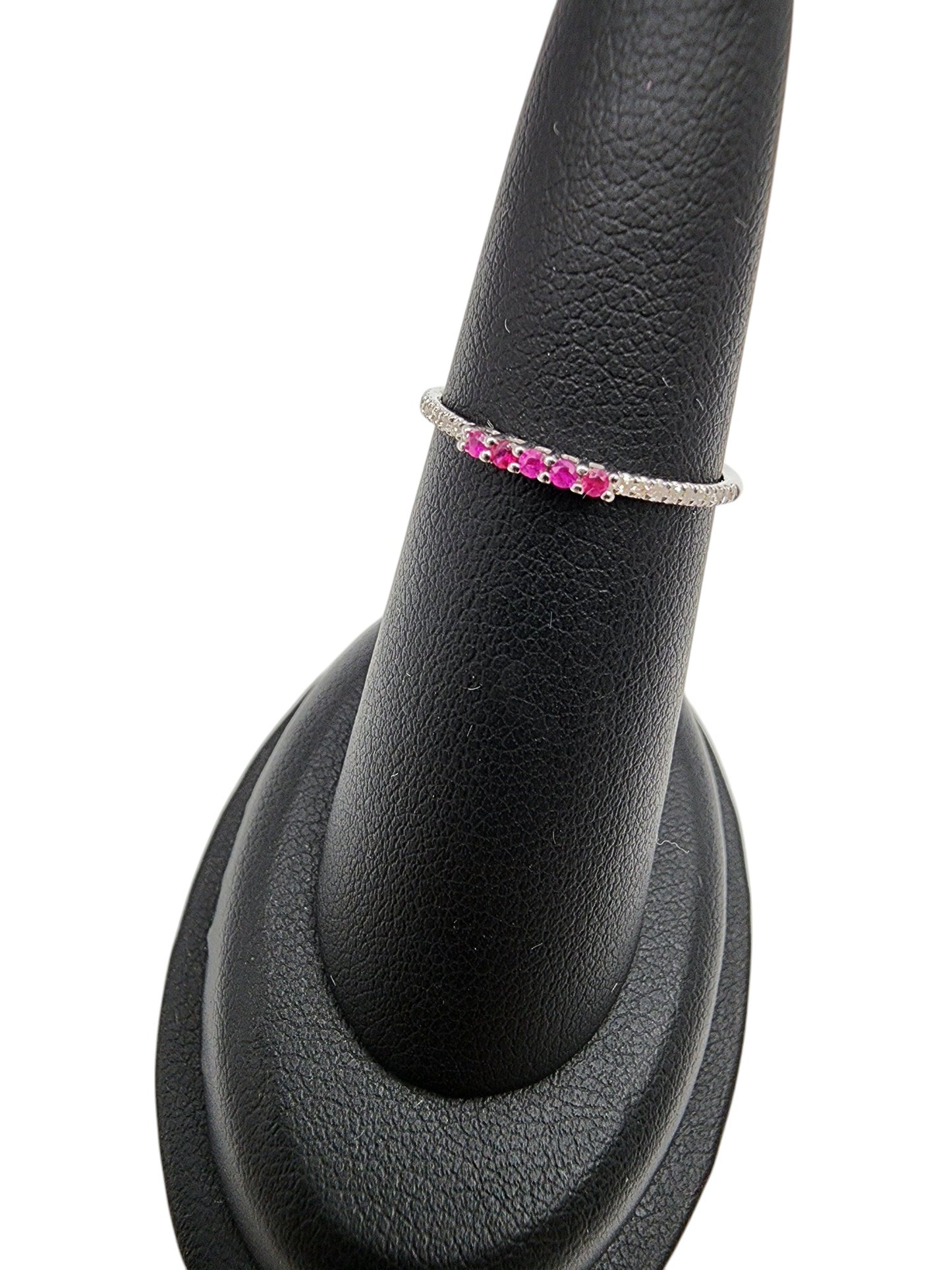14KT White Gold Gen Ruby & Diamond Thin Stack Ring