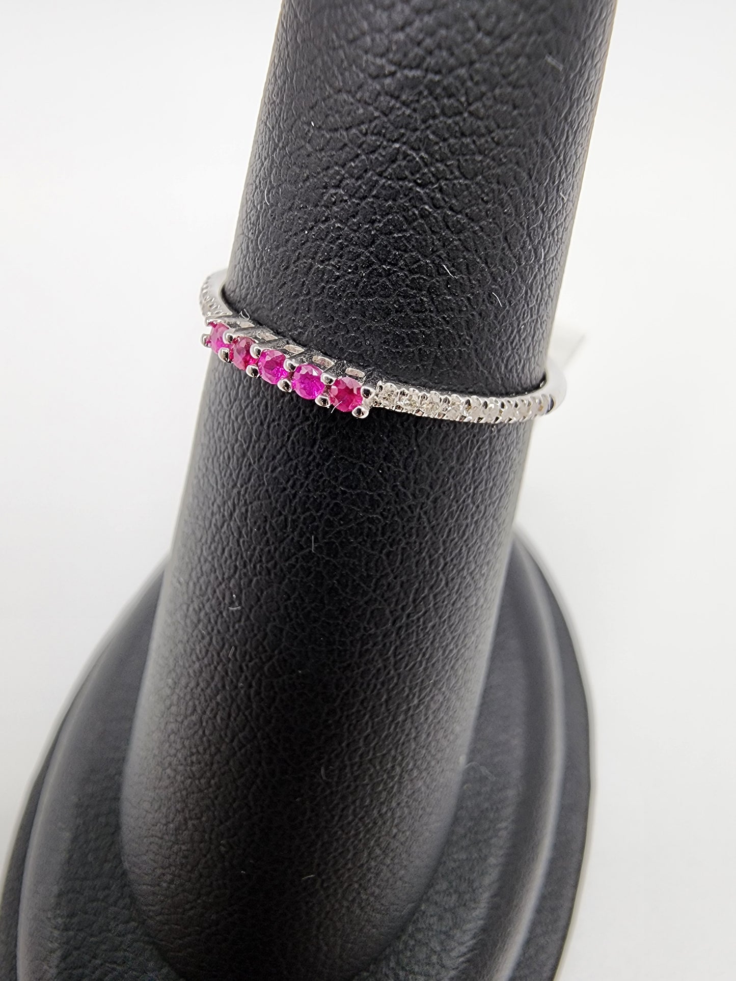 14KT White Gold Gen Ruby & Diamond Thin Stack Ring