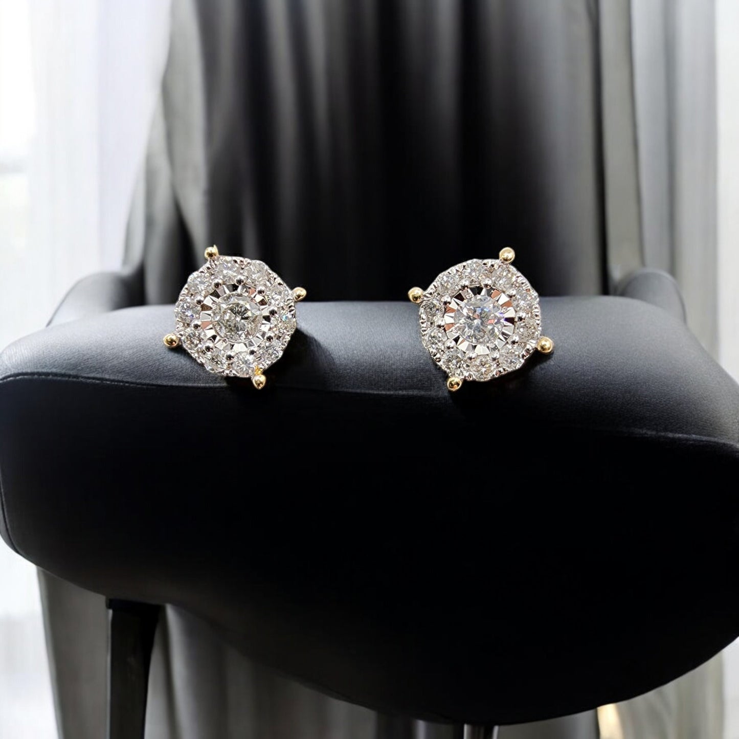 10KT Yellow/White Gold W/ Diamond .50 Illusion Cluster Round Studs Earrings