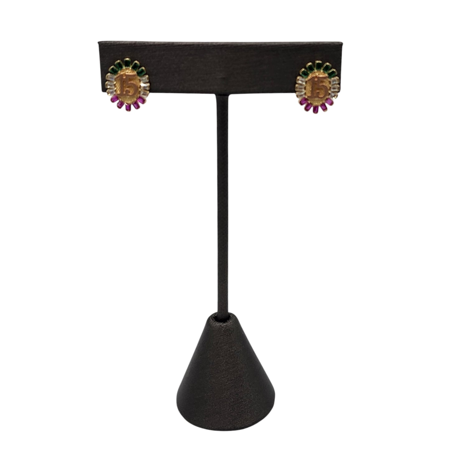 14KT Yellow W/ White-Pink-Green Studs 15th Earrings