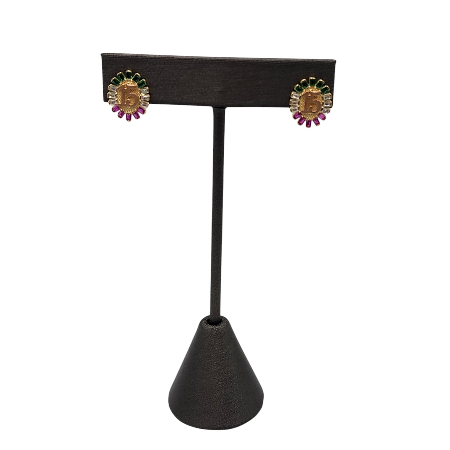 14KT Yellow W/ White-Pink-Green Studs 15th Earrings