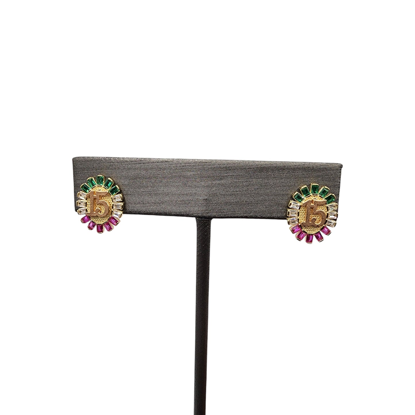 14KT Yellow W/ White-Pink-Green Studs 15th Earrings