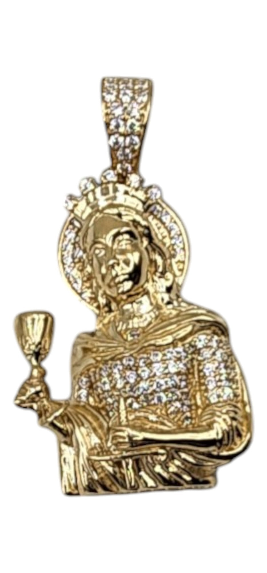 10KT Yellow Gold 40mm Semisolid 6.8g Santa Barbara W/ white & red Cz Pendant