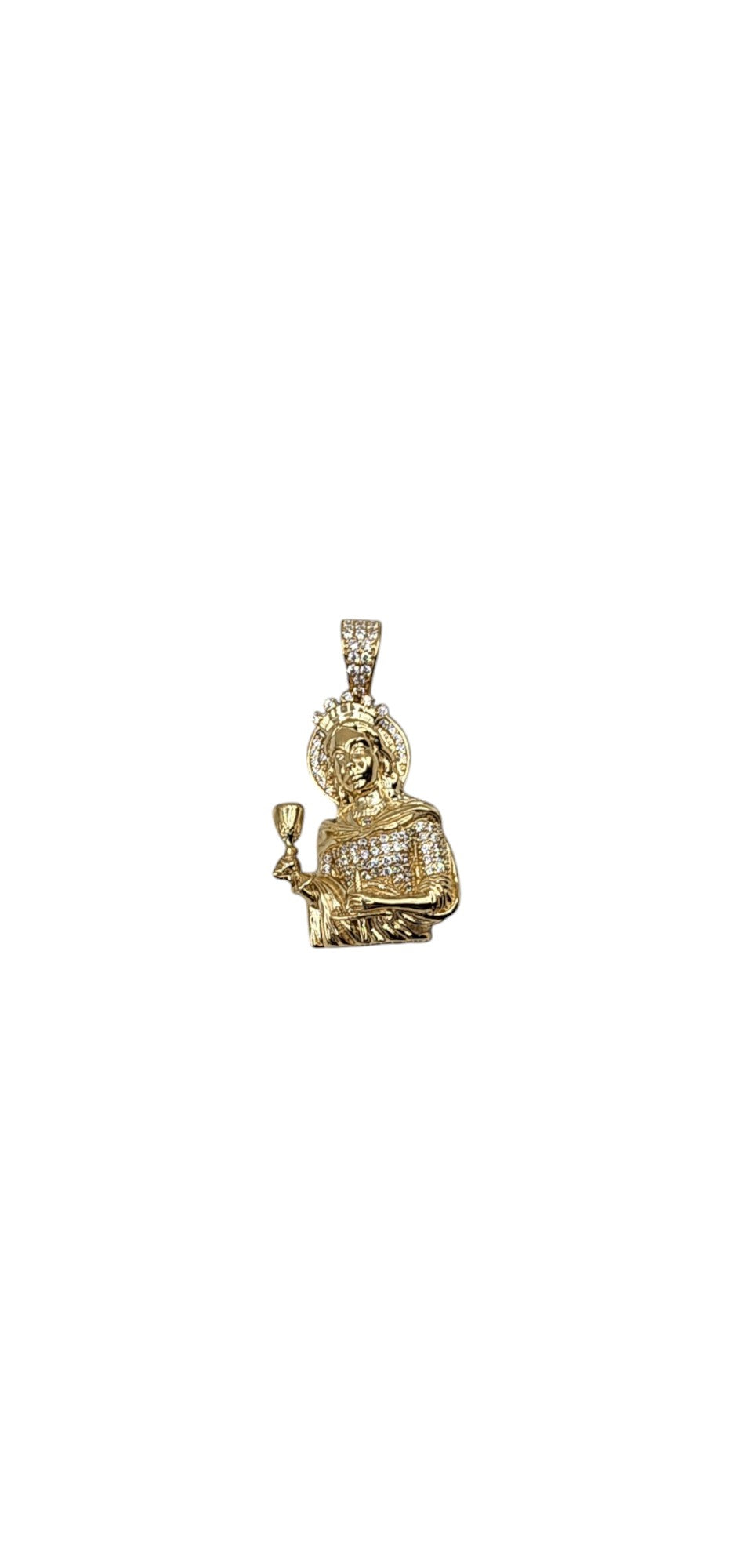 10KT Yellow Gold 40mm Semisolid 6.8g Santa Barbara W/ white & red Cz Pendant