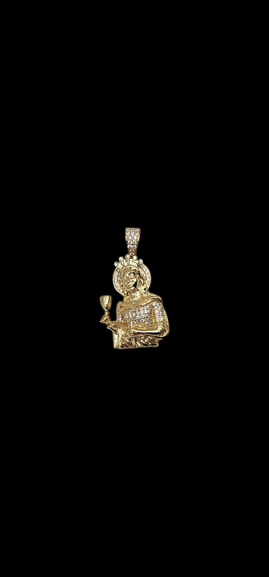 10KT Yellow Gold 40mm Semisolid 6.8g Santa Barbara W/ white & red Cz Pendant