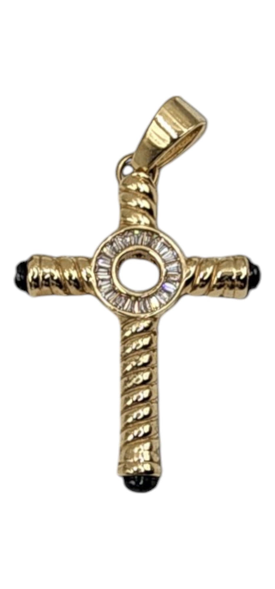 10KT Yellow Gold Fancy Cross 4.3g W/ White Begets Cz & Black Stone 49mm Pendant