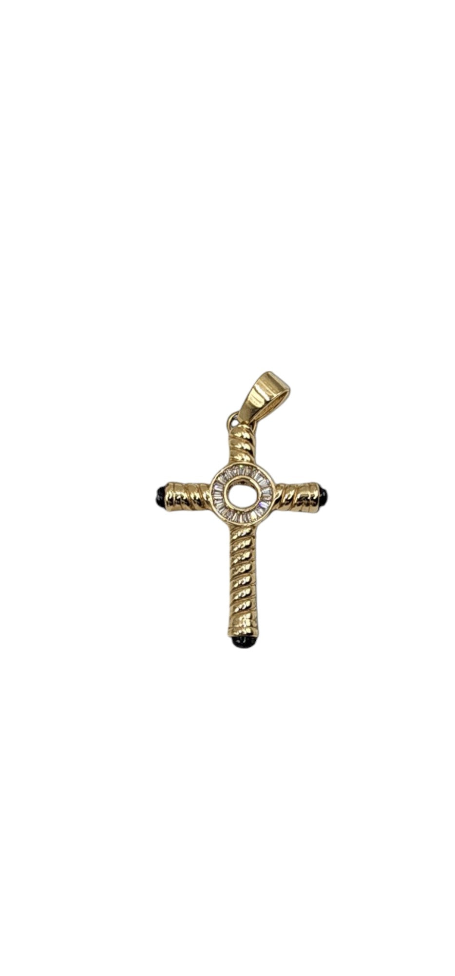 10KT Yellow Gold Fancy Cross 4.3g W/ White Begets Cz & Black Stone 49mm Pendant