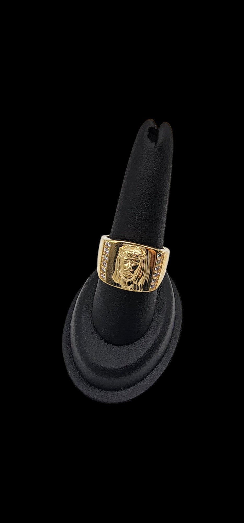 10KT Yellow Gold Semisolid Fancy Christ Head W/ White Cz Man Ring
