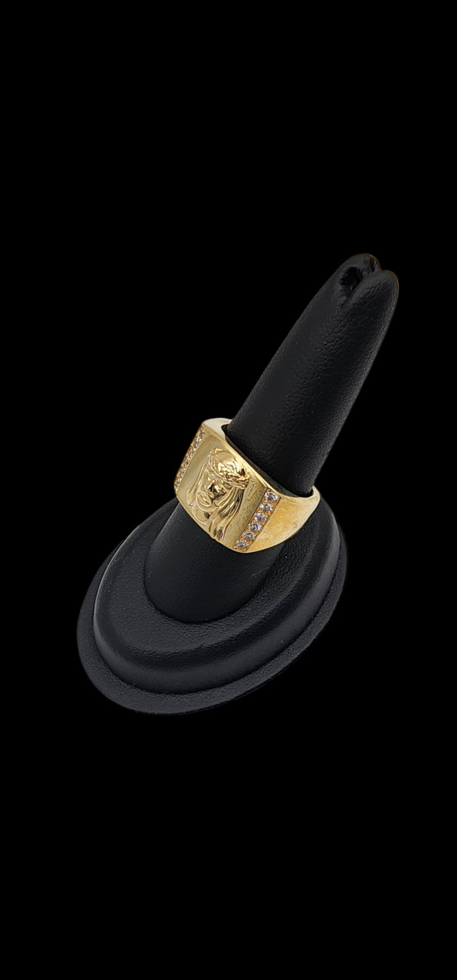 10KT Yellow Gold Semisolid Fancy Christ Head W/ White Cz Man Ring