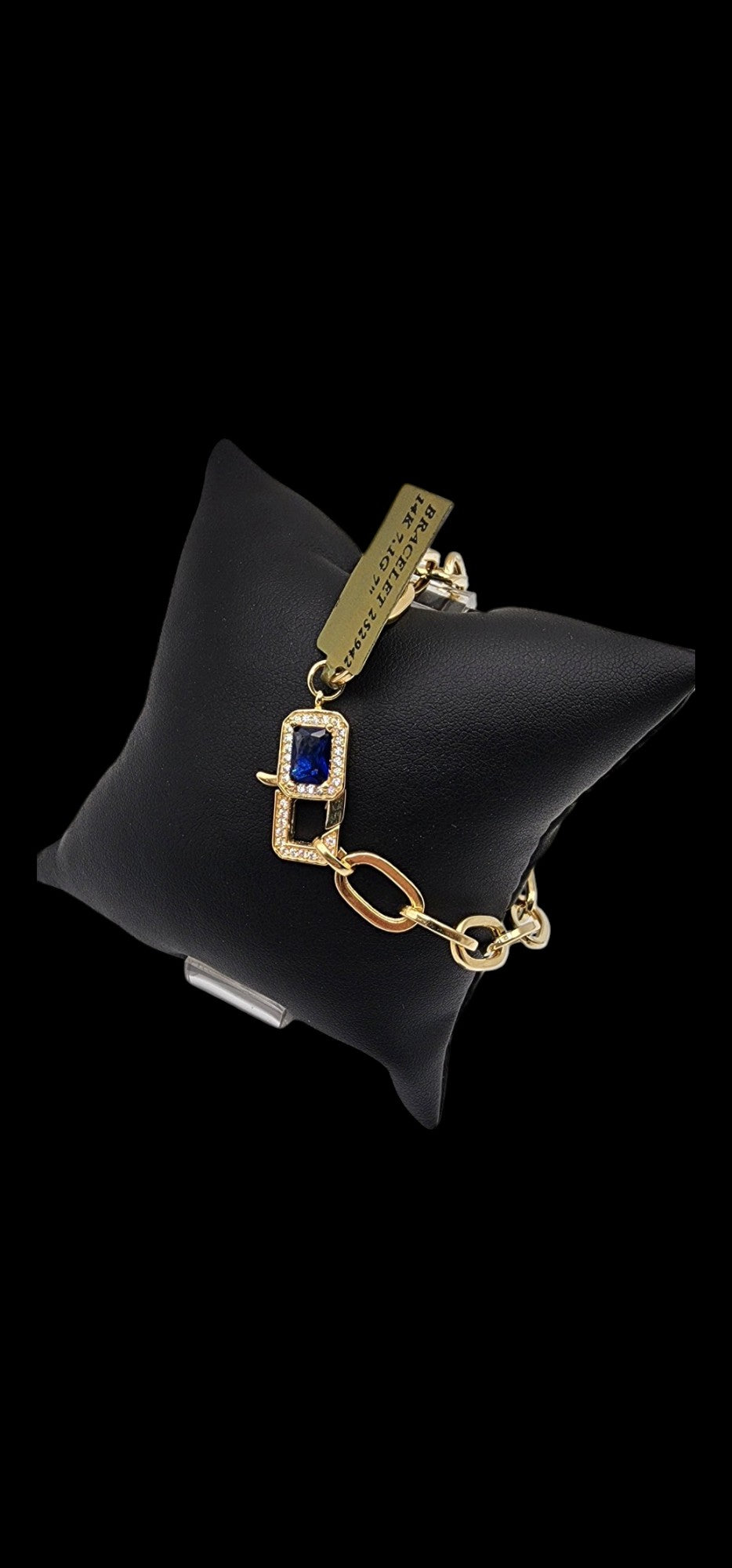 14KT Yellow Gold Fancy 7'' Semisolid Paper Clip Bracelets 7.1g 7mm Lobster Lock W/ Blue & White Cz