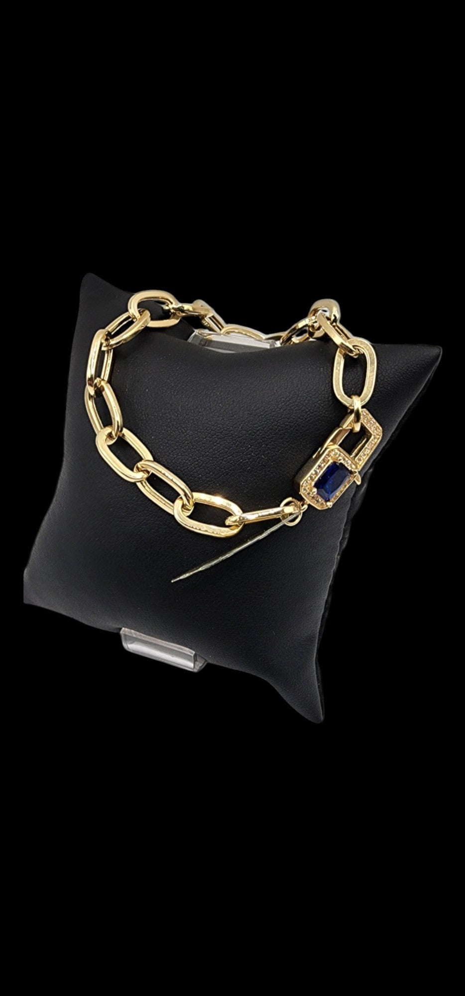 14KT Yellow Gold Fancy 7'' Semisolid Paper Clip Bracelets 7.1g 7mm Lobster Lock W/ Blue & White Cz