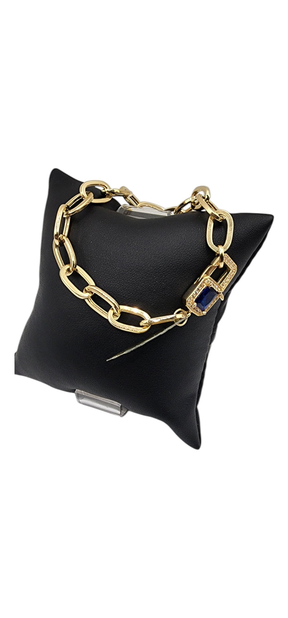 14KT Yellow Gold Fancy 7'' Semisolid Paper Clip Bracelets 7.1g 7mm Lobster Lock W/ Blue & White Cz