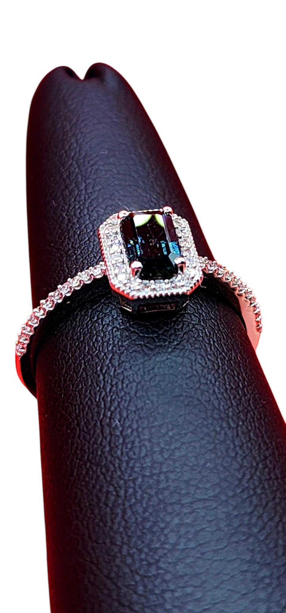 14KT White Gold Emrld CUT Teal Sapphire w/ .15 Diamond Ring