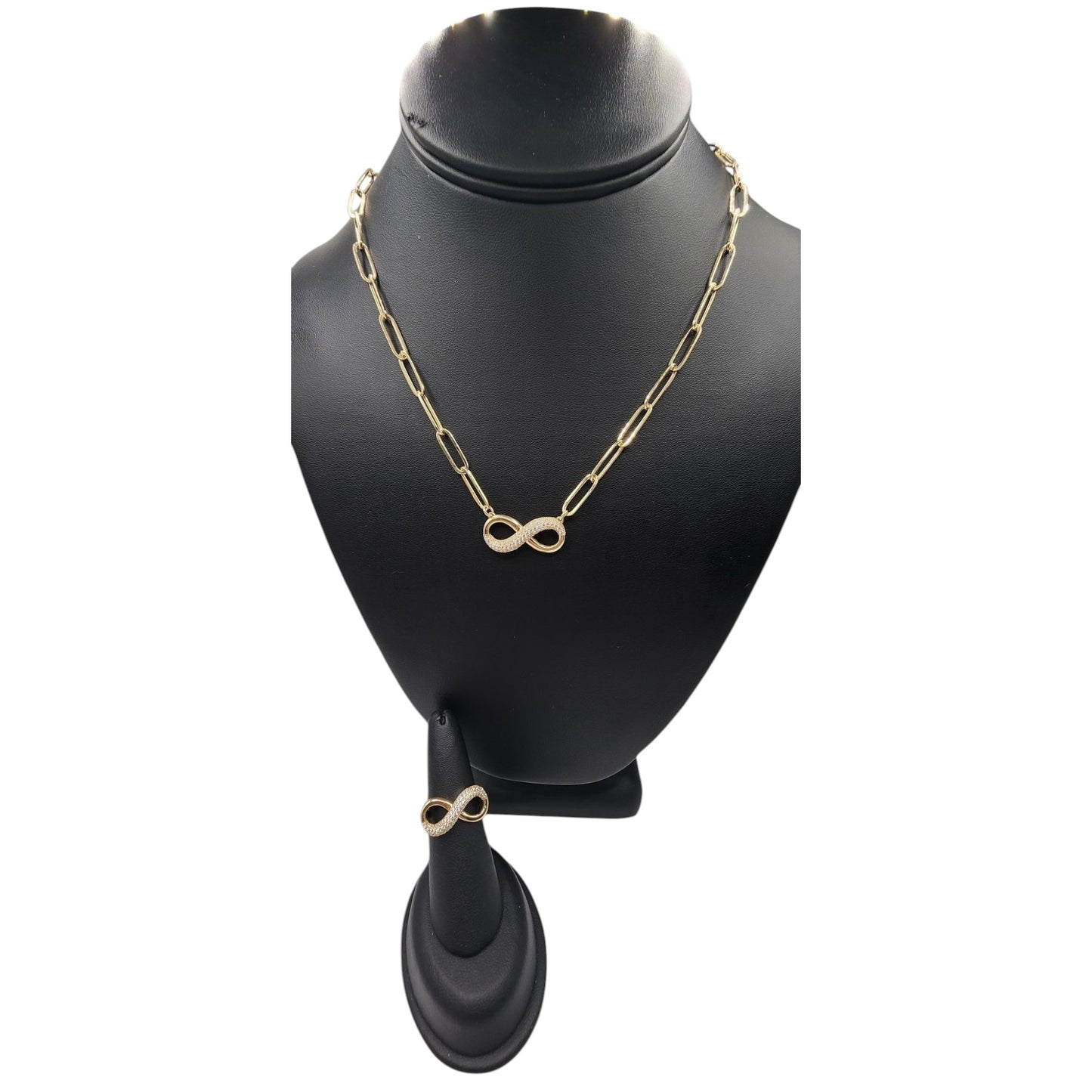 14KT Yellow Gold Set OF Semisolid & Paper Clip Chain W/ Infinite Pendant white Cz & Ring