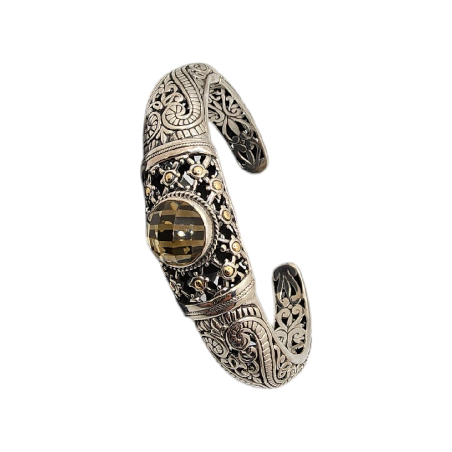 Silver Collection Plat/ W 18KT Checked Center Stone Bangle Bracelet