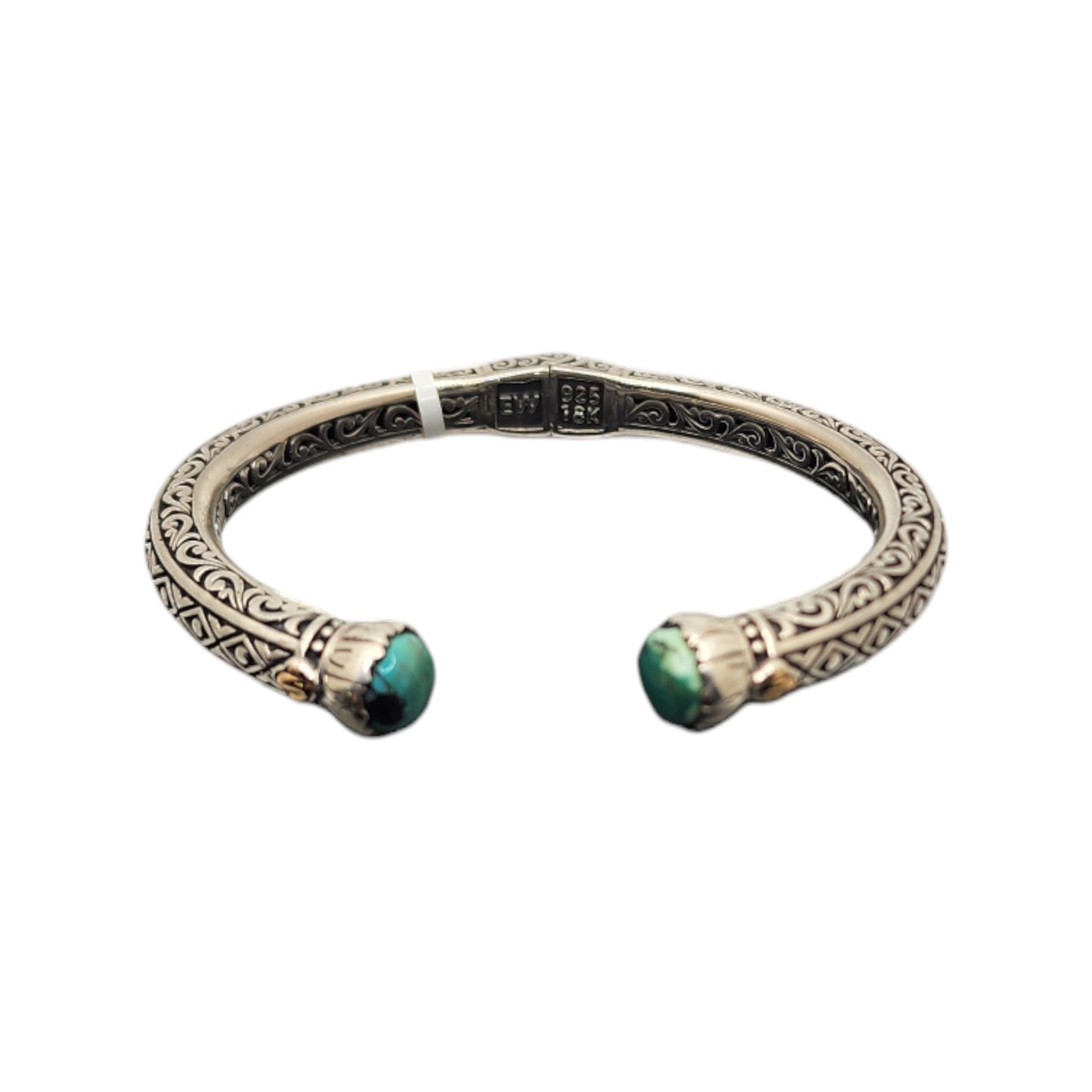 Silver Collection Plat/ W 18KT Checked Center Stone Tribal Bangle Bracelet