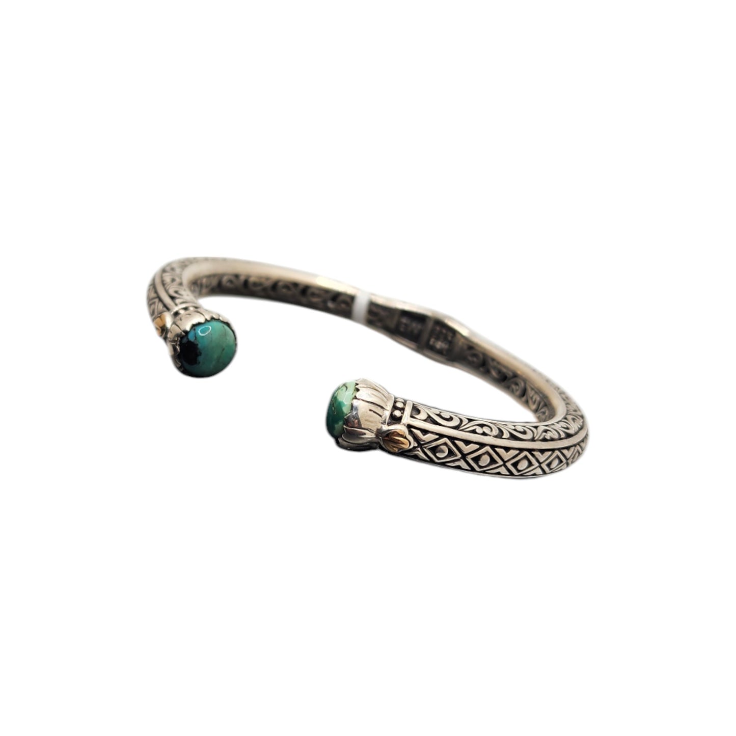 Silver Collection Plat/ W 18KT Checked Center Stone Tribal Bangle Bracelet