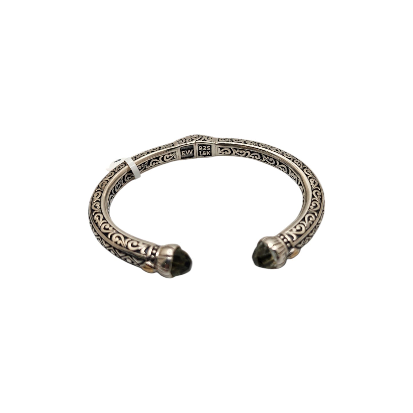 Silver Collection Plat/ W 18KT Checked Center Stone Tribal Bangle Bracelet