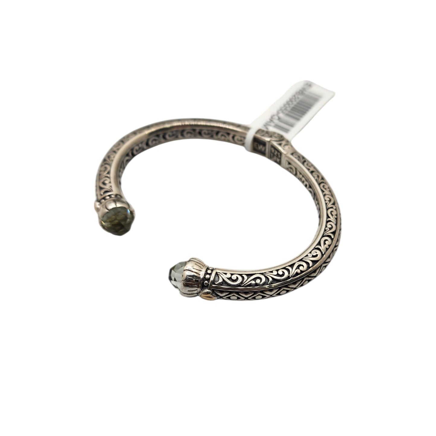 Silver Collection Plat/ W 18KT Checked Center Stone Tribal Bangle Bracelet