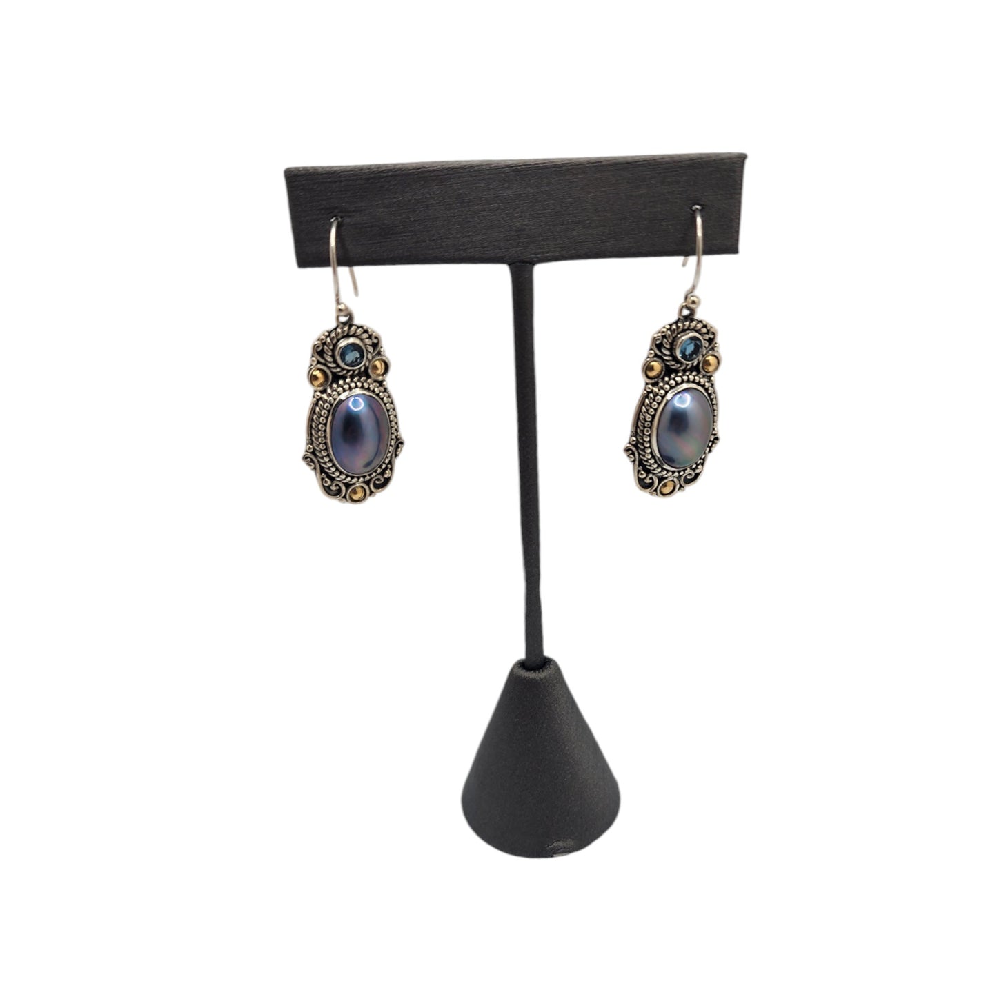 Bali Silver Collection W/ 18Kt Mabe Prl & Blue Topaz Bali Earrings