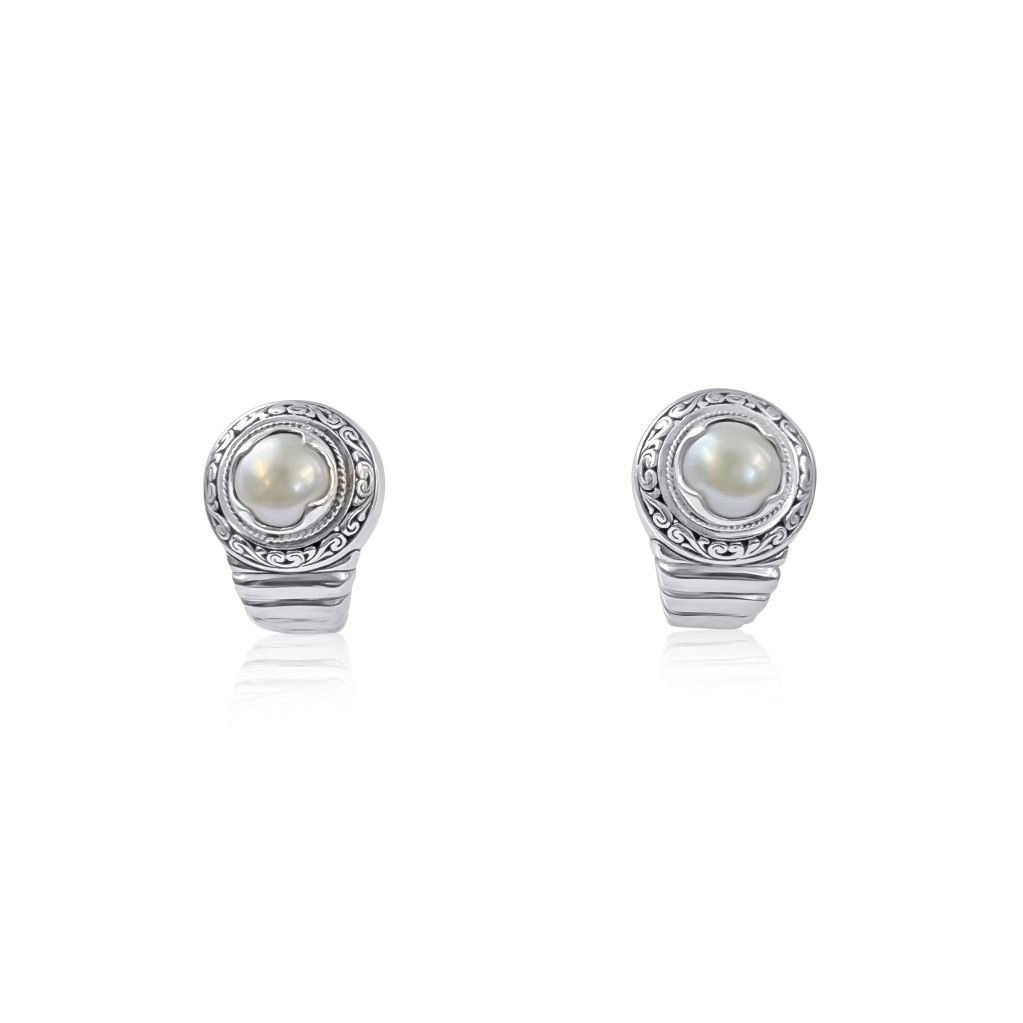 Bali Silver Collection W/18KT FWPearl Segmented Earrings