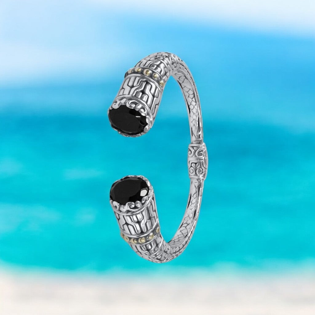Bali Silver Collection W/ 18KT Curvy Halo Onyx Bali Bangles