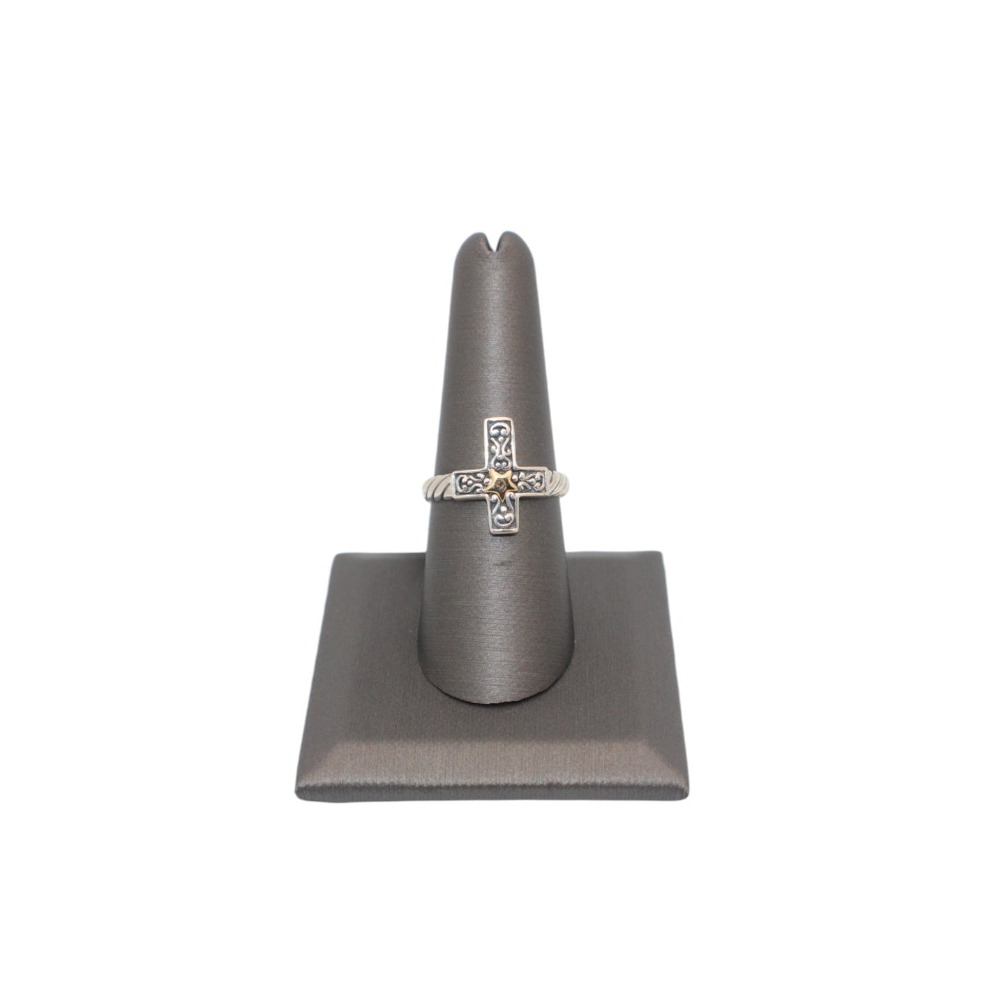 Bali Silver Collection W/18KT Cross Star Thin Cable Bali Ring