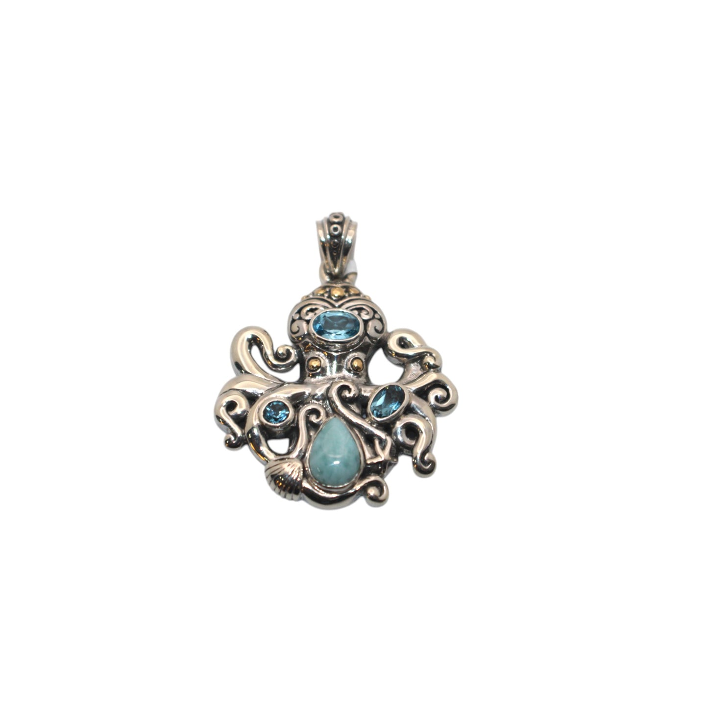 Bali Silver Collection Pendants W/18KT Larimar & Bl Topaz Octopus
