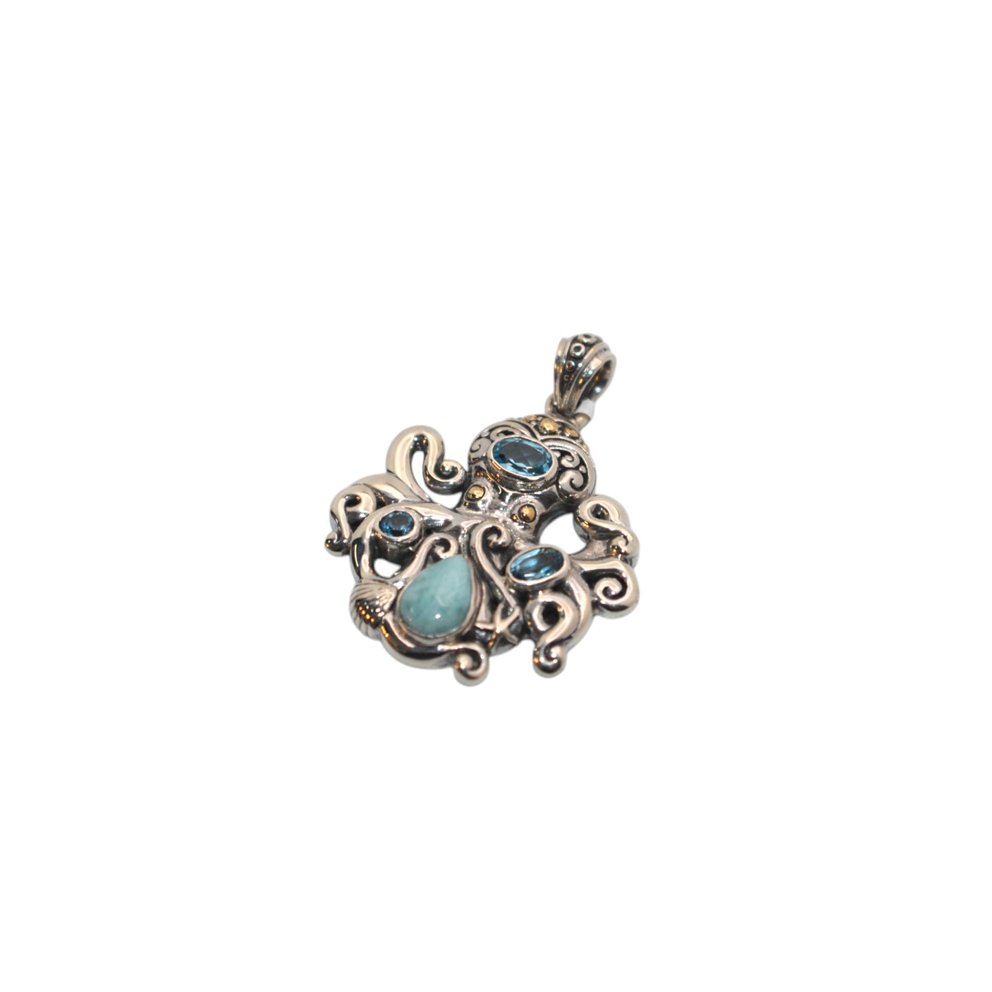 Bali Silver Collection Pendants W/18KT Larimar & Bl Topaz Octopus