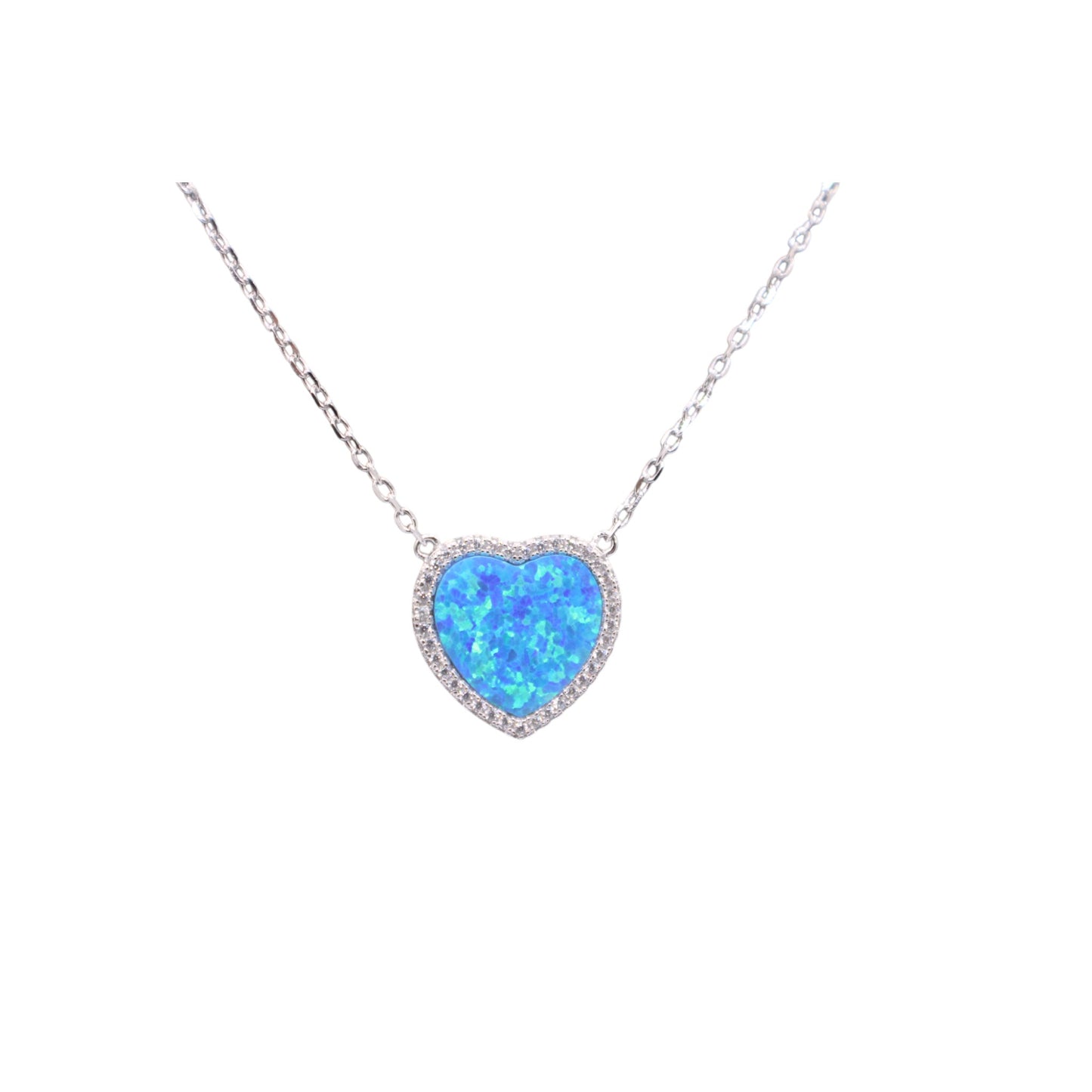 Silver Pendants Collection Blue Opal Heart W/ White Cz