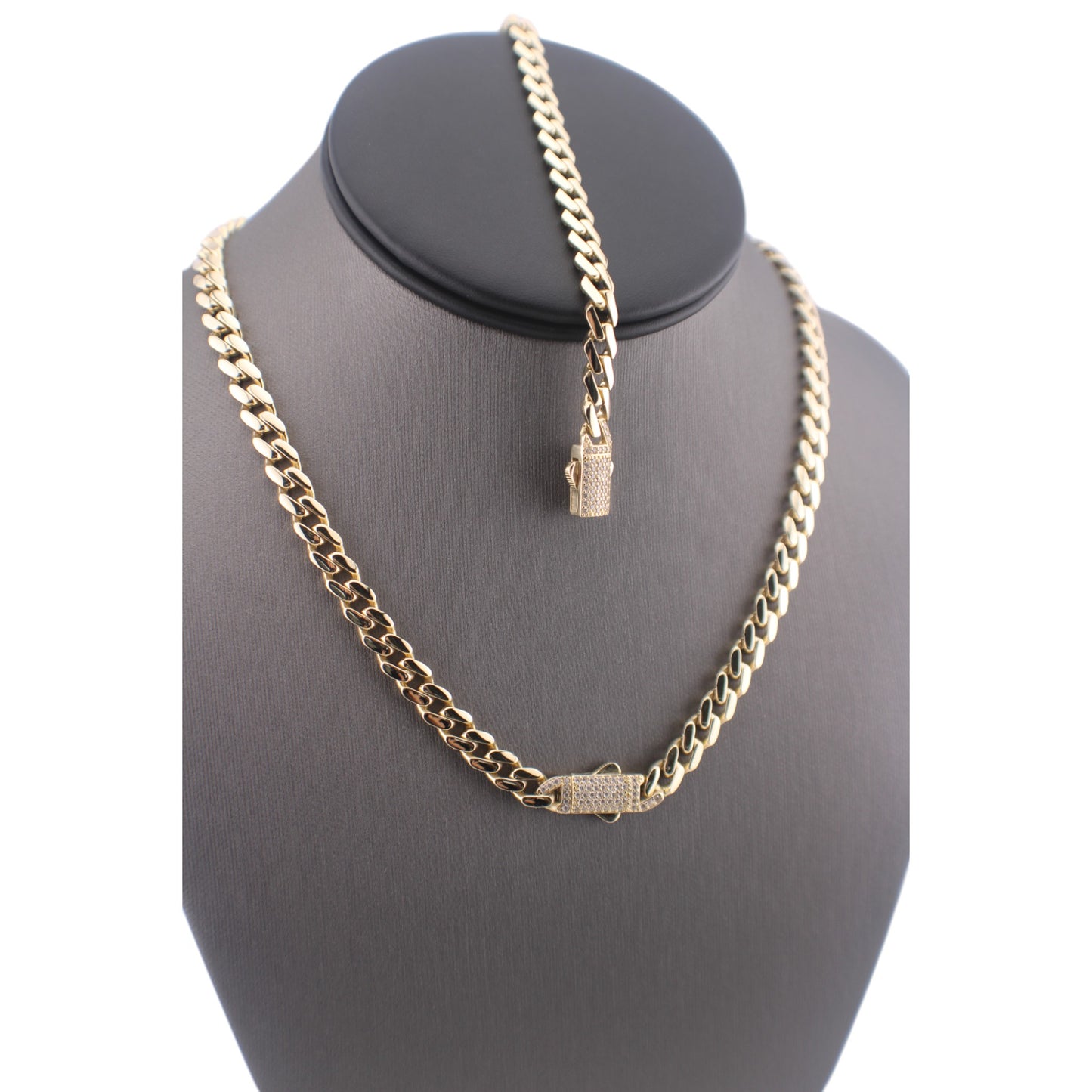 14KT Yellow Gold Fancy 18'' Semisolid Monaco Chain Box Lock W/ White Cz.