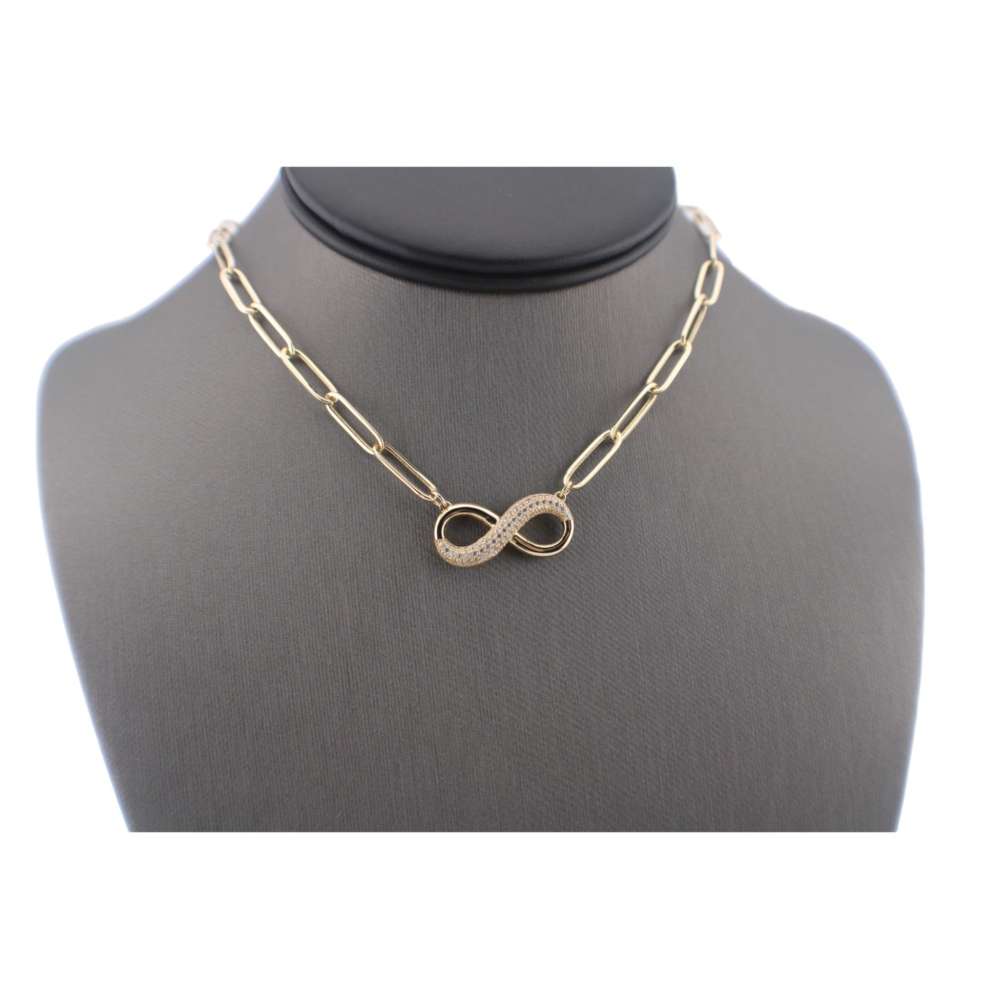 14KT Yellow Gold Set OF Semisolid & Paper Clip Chain W/ Infinite Pendant white Cz & Ring