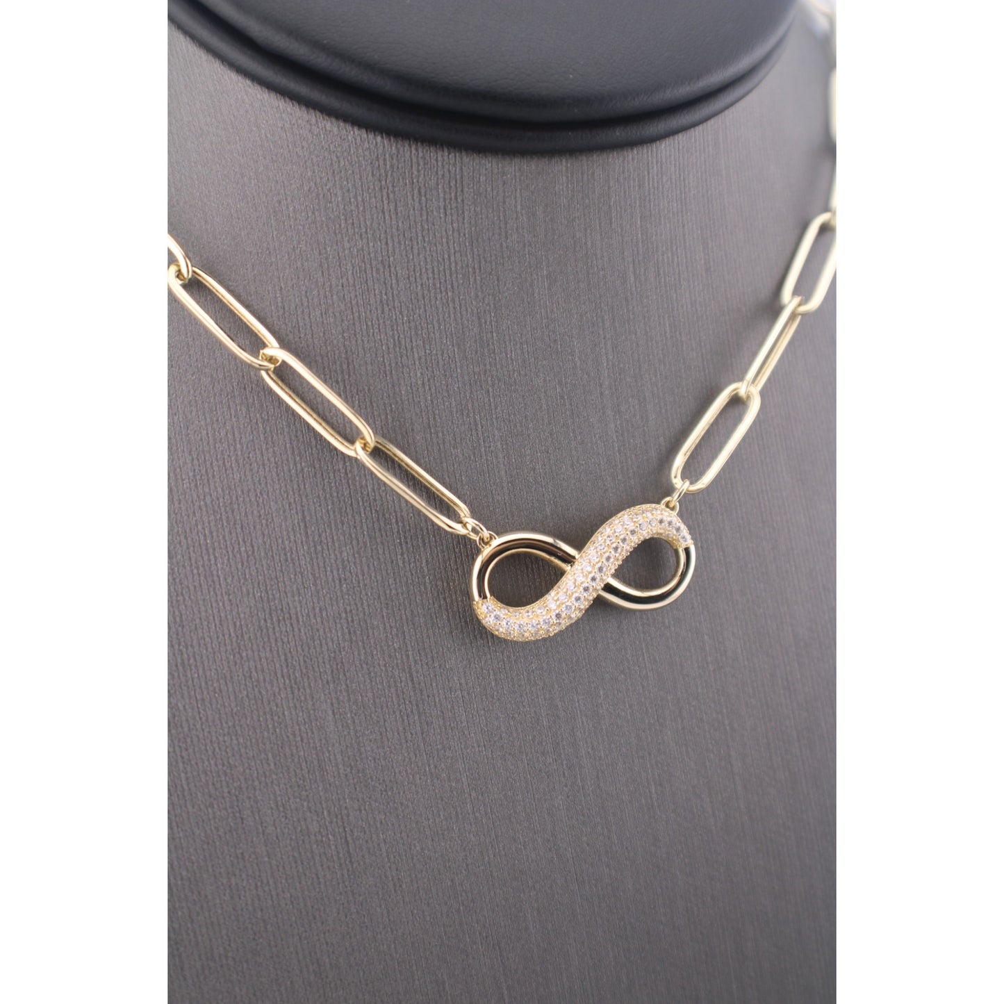 14KT Yellow Gold Set OF Semisolid & Paper Clip Chain W/ Infinite Pendant white Cz & Ring