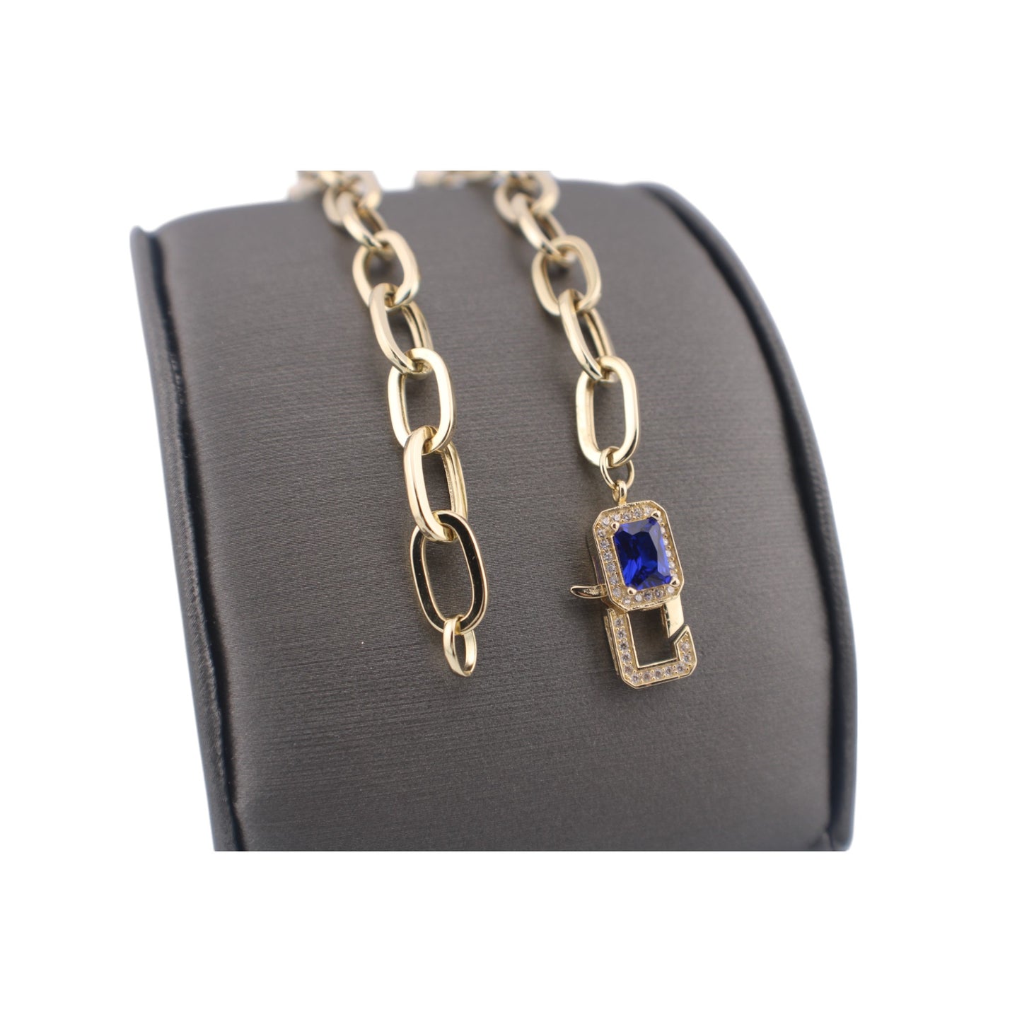 14KT Yellow Gold Fancy 7'' Semisolid Paper Clip Bracelets 7.1g 7mm Lobster Lock W/ Blue & White Cz