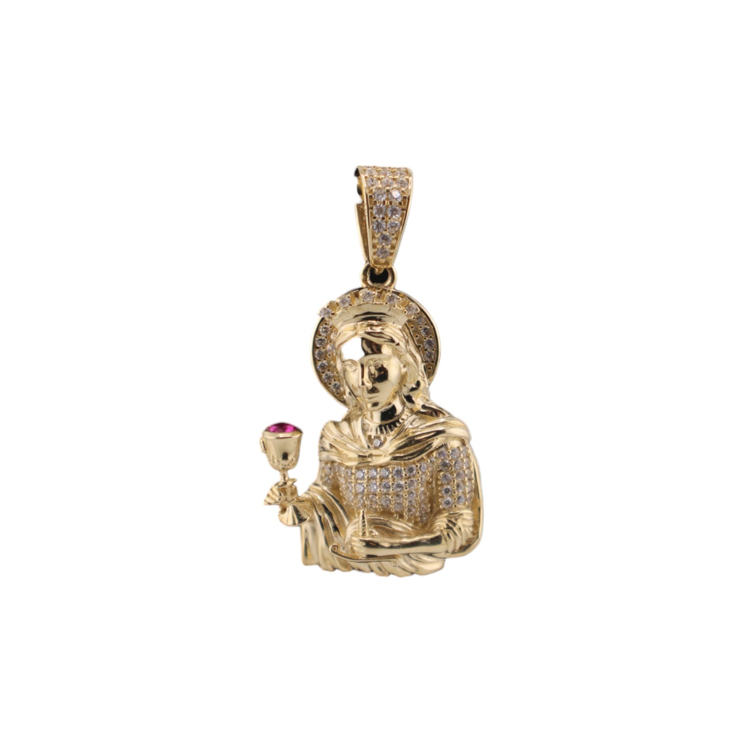14KT Yellow Gold 40mm W/ white & red Cz Pendant Semisolid 8.5g Santa Barbara