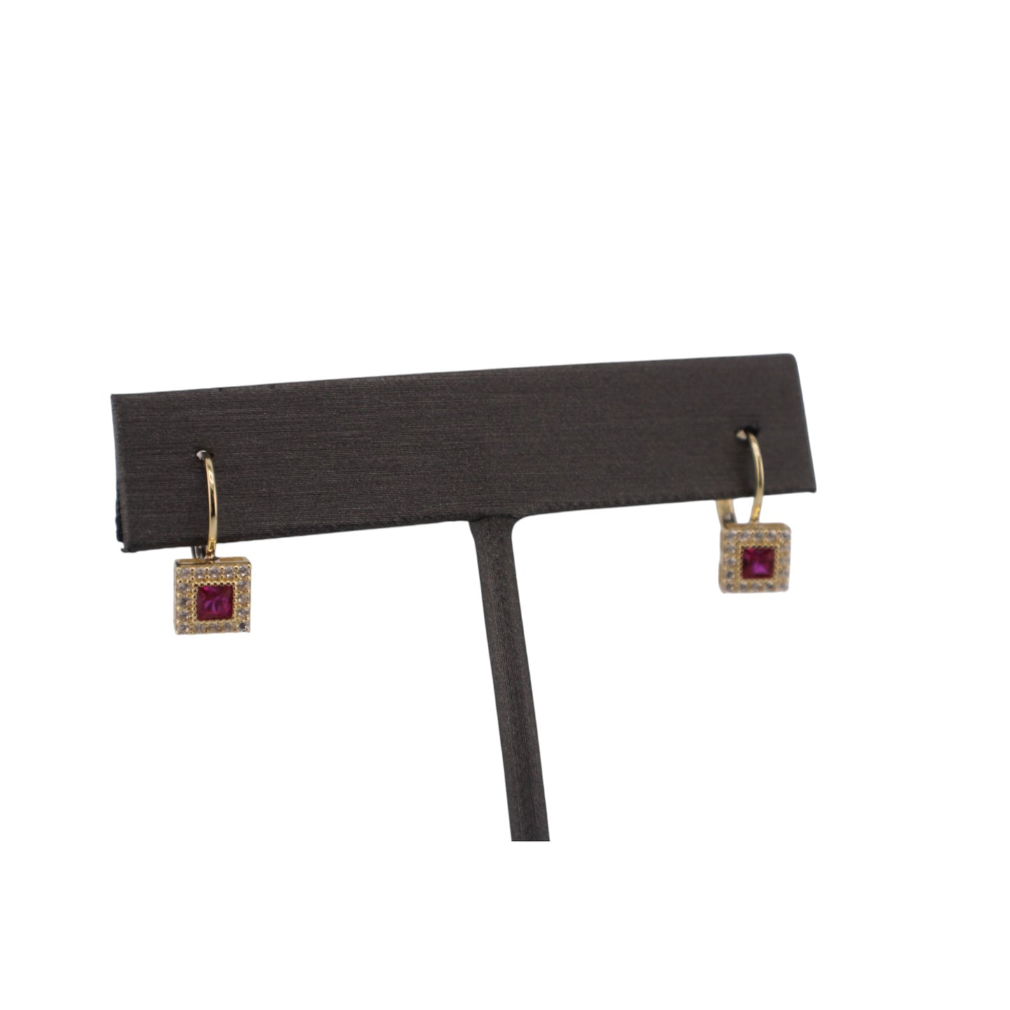 14KT Yellow W/ White/ Pink Cz Square 6.5mm Drop Earring