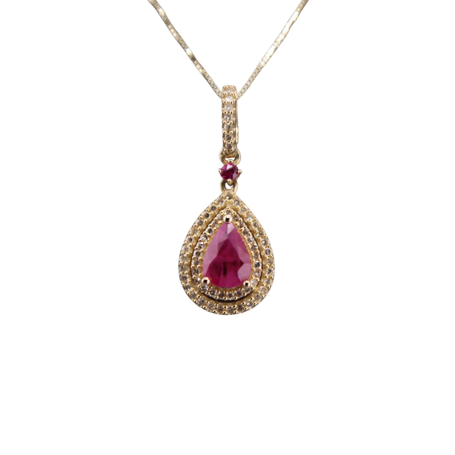 14KT Yellow Gold W/White .20cttw Diamond & Ruby Teardrop And Chain 18"