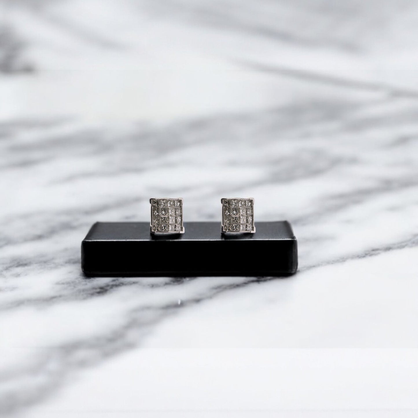 14KT White Gold W/ Diamond 1.50cttw Cluster Square Studs Earrings