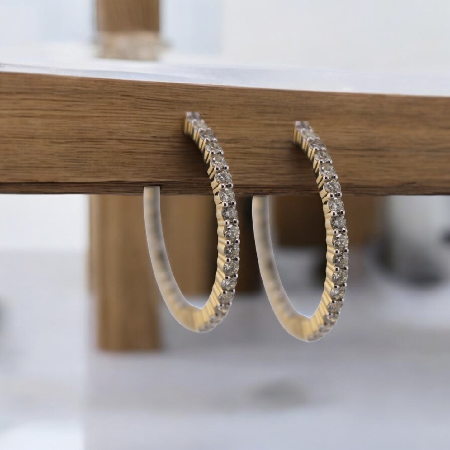 14KT Yellow Gold Round Hoops Diamond Inside-Out Earrings.