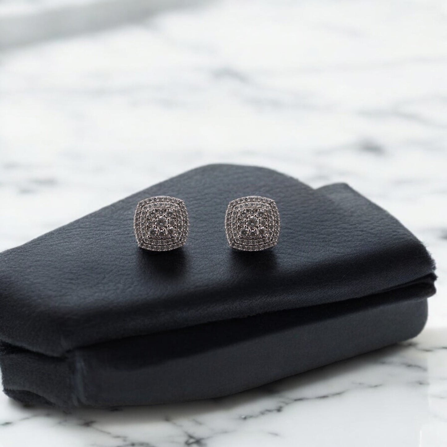 10KT White Gold W/ Diamond 1.20cttw Cluster Square Studs Earrings