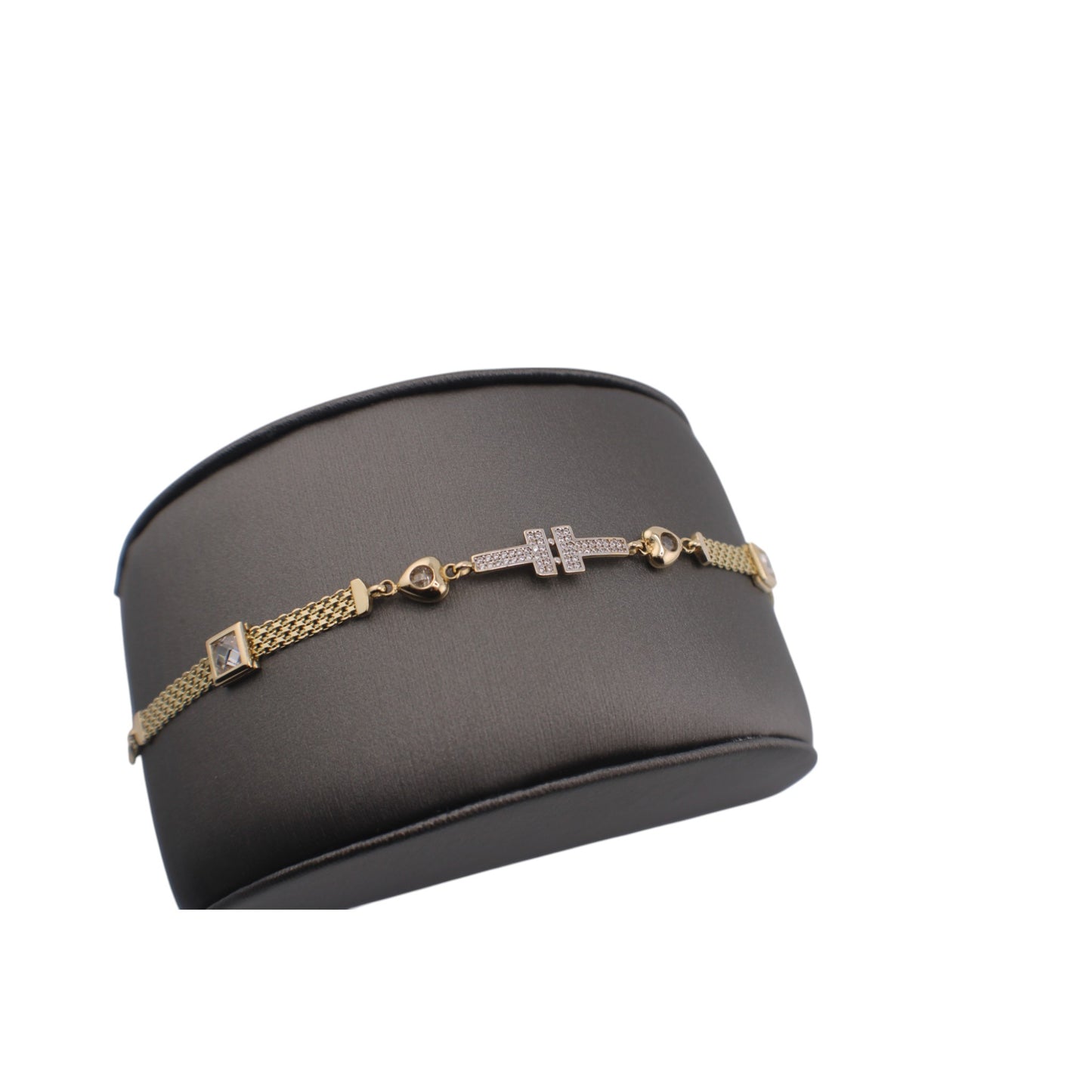 14KT Yellow Gold W/ Square White Cz Semi-Solid Bracelets Chino Link