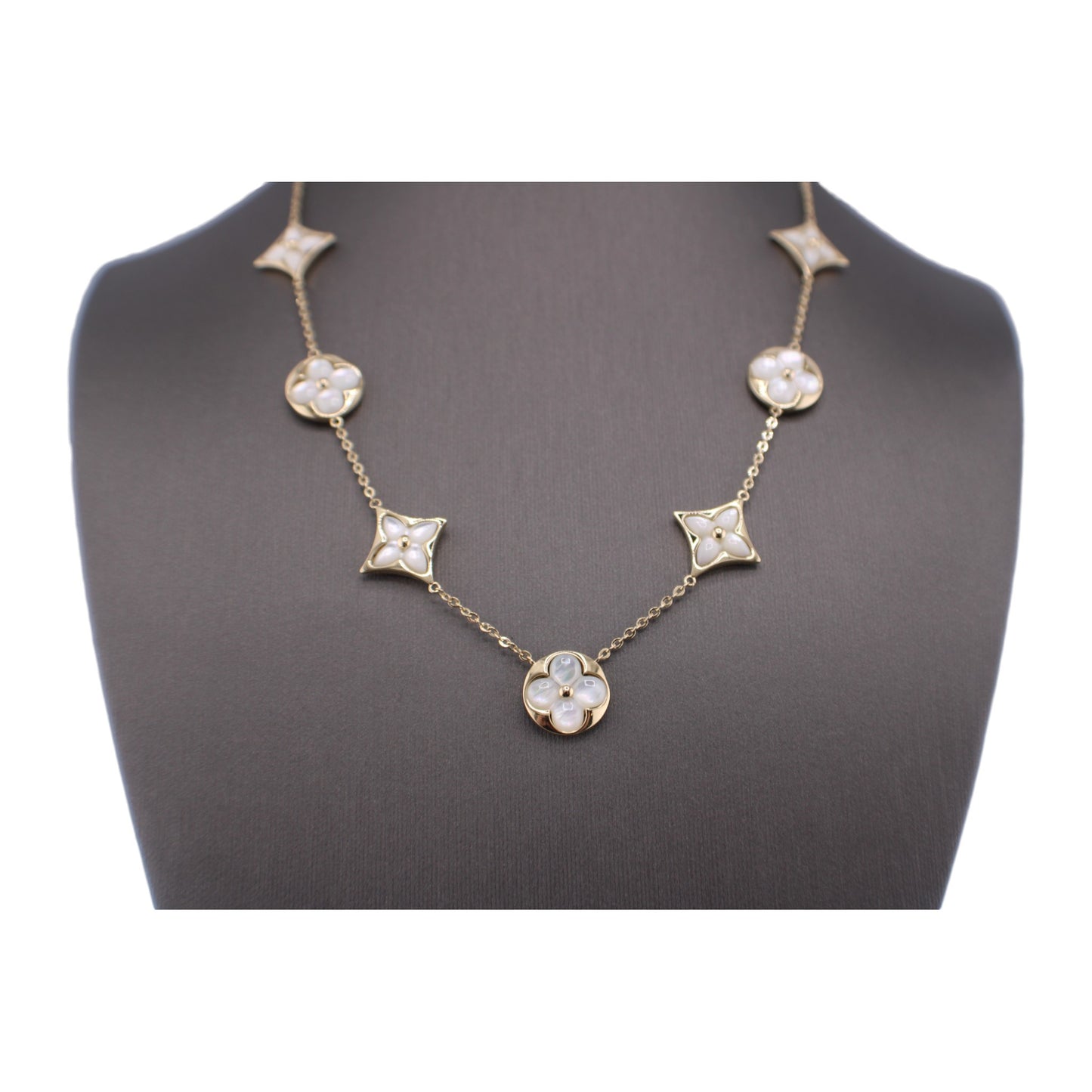 14KT Yellow Solid Gold Fancy Mother of Pearl Flower Link Chain