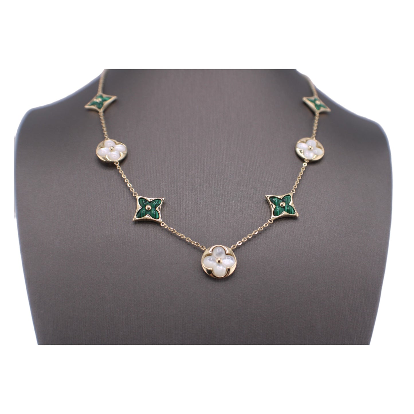 14KT Yellow Solid Gold Fancy Malachite & Mother of Pearl Flower Link Chain