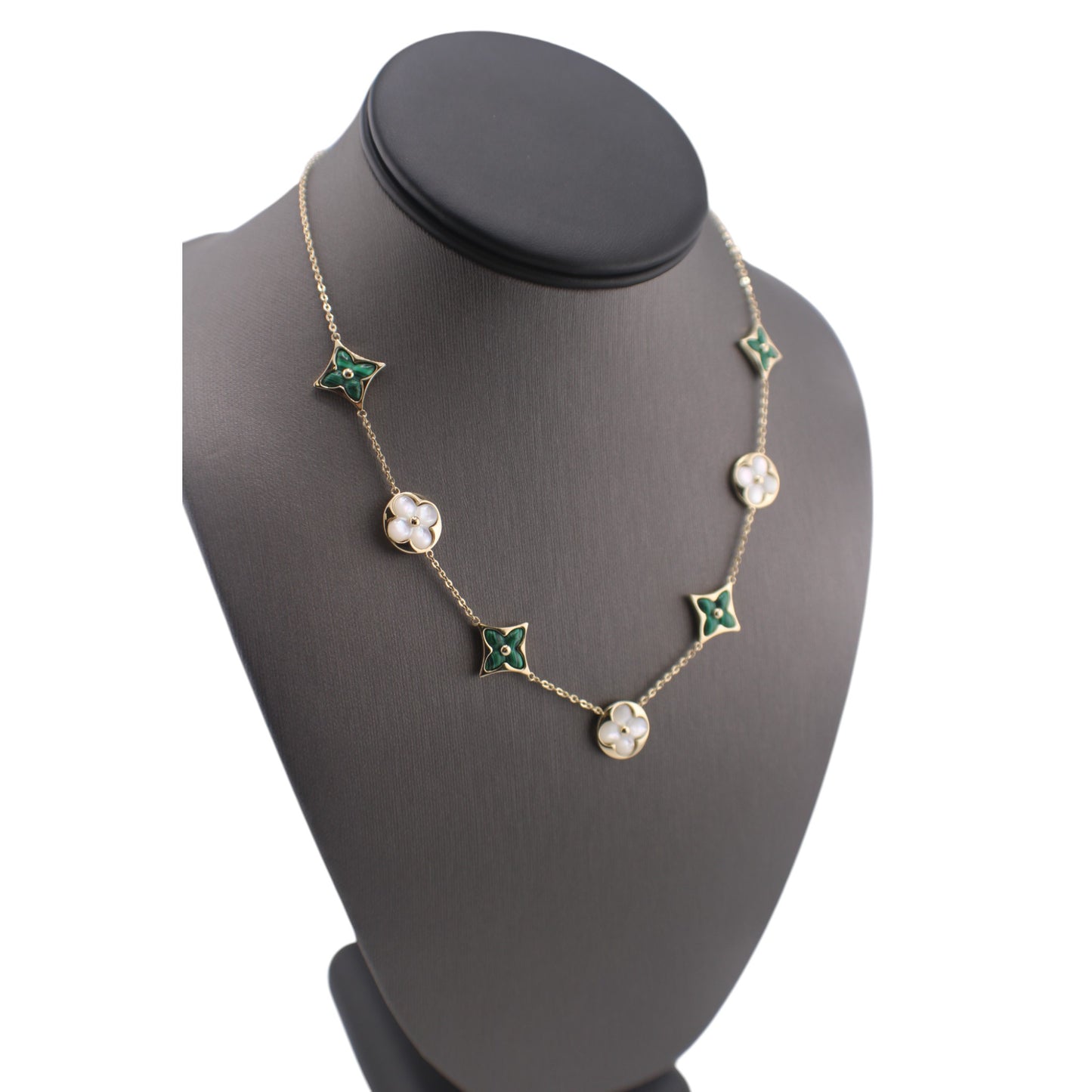 14KT Yellow Solid Gold Fancy Malachite & Mother of Pearl Flower Link Chain