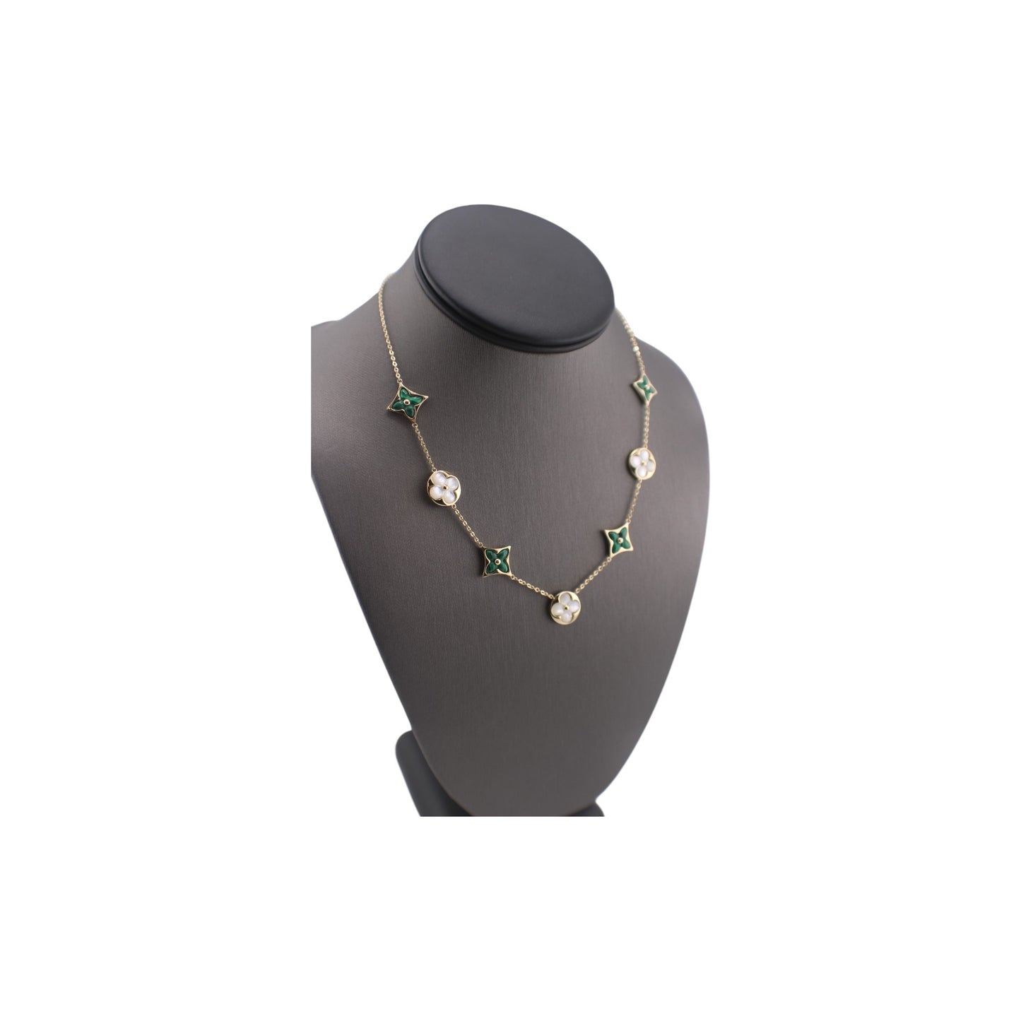 14KT Yellow Solid Gold Fancy Malachite & Mother of Pearl Flower Link Chain