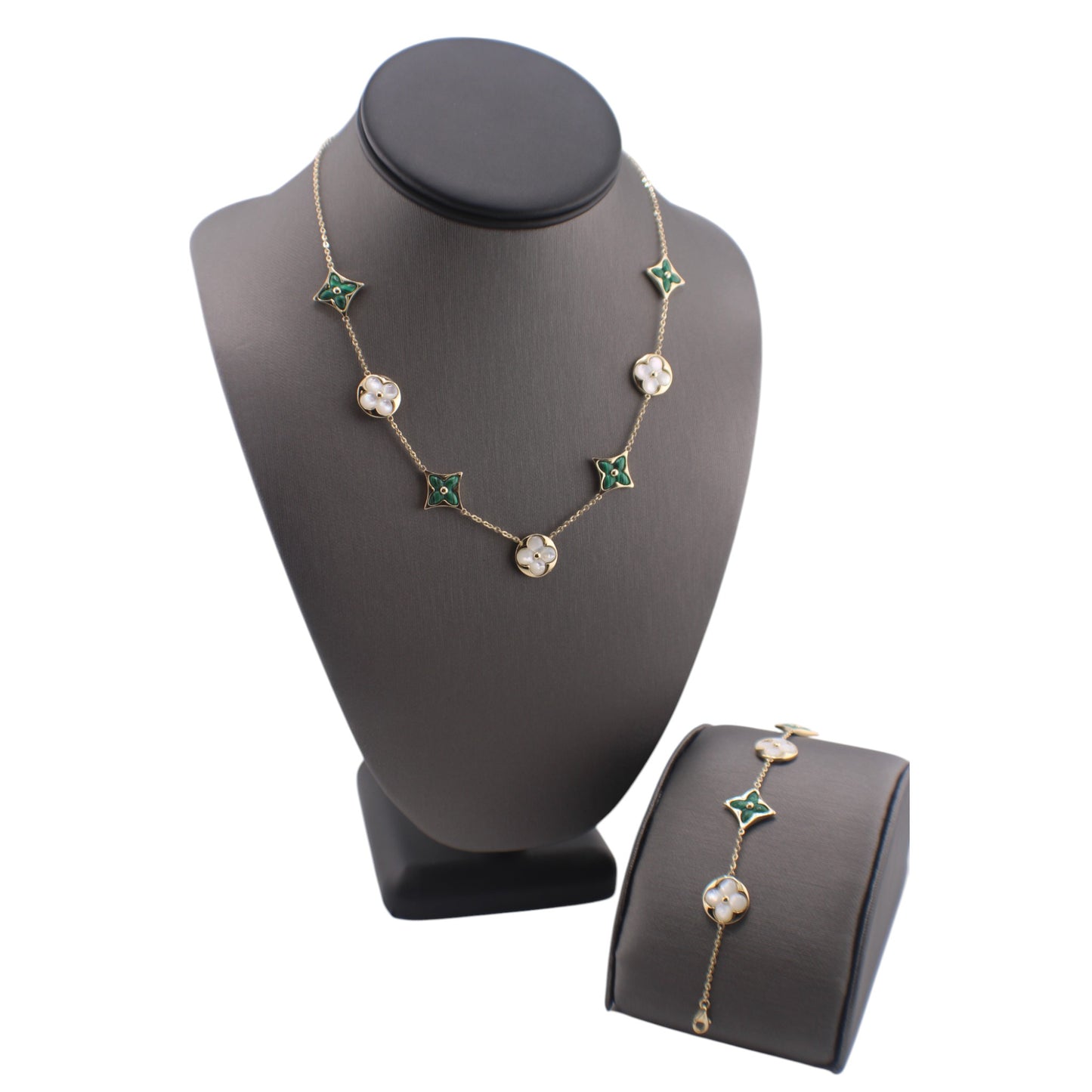 14KT Yellow Solid Gold Fancy Malachite & Mother of Pearl Flower Link Chain