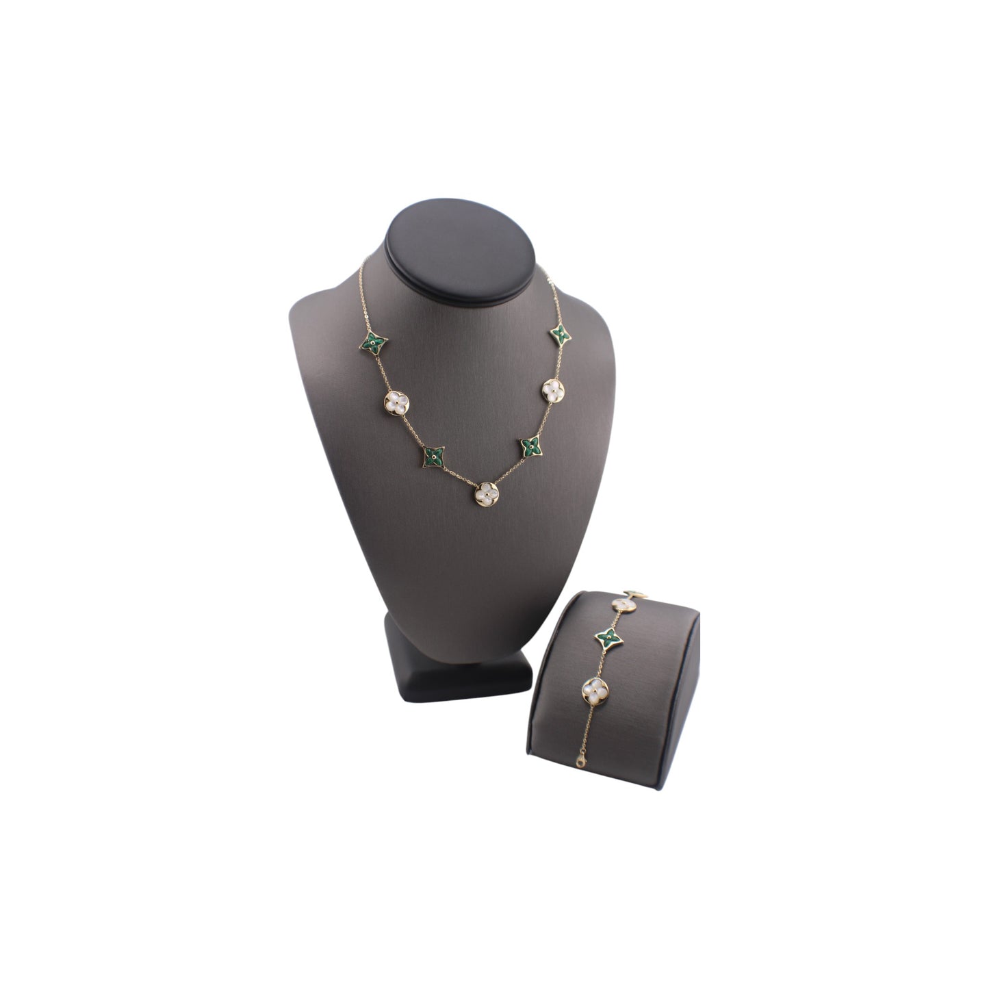 14KT Yellow Solid Gold Fancy Malachite & Mother of Pearl Flower Link Chain