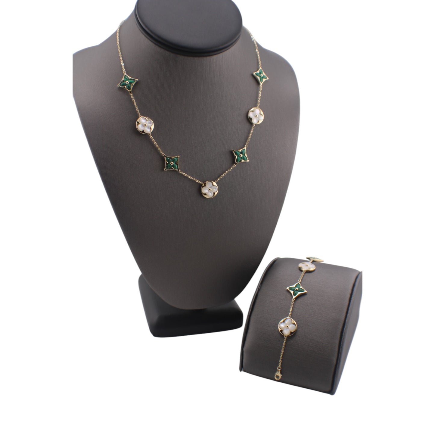 14KT Yellow Solid Gold Fancy Malachite & Mother of Pearl Flower Link Chain